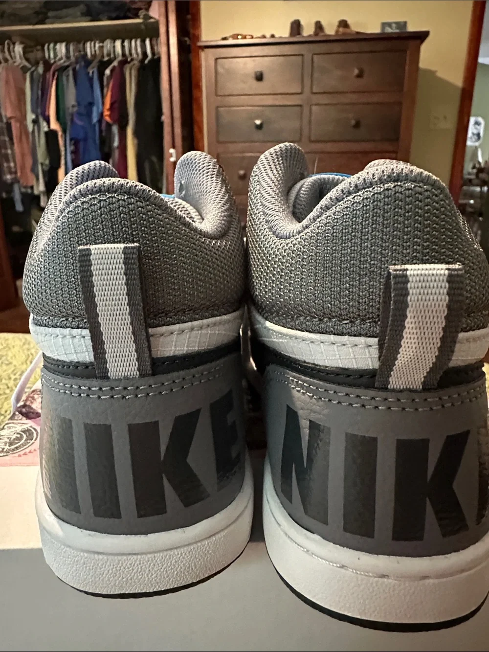Nike Kids Gray and White High-Top Sneakers with Blue Tongue Detail
